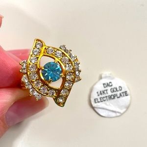 NWT DAC 14K Gold Electroplated Blue Rhinestone Winter Holiday Statement Ring